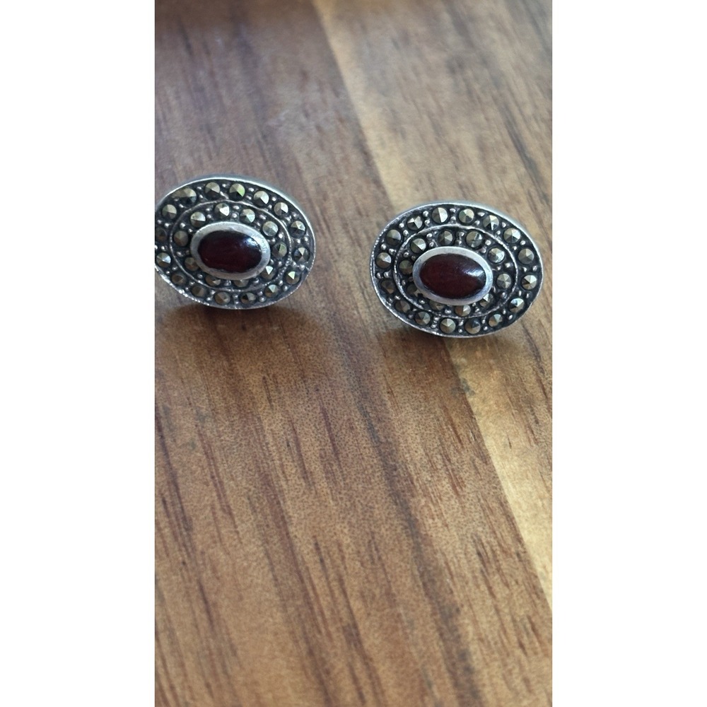 Oval Red Gem Stud Earrings With Marcasites Stud Earrings Sterling Silver